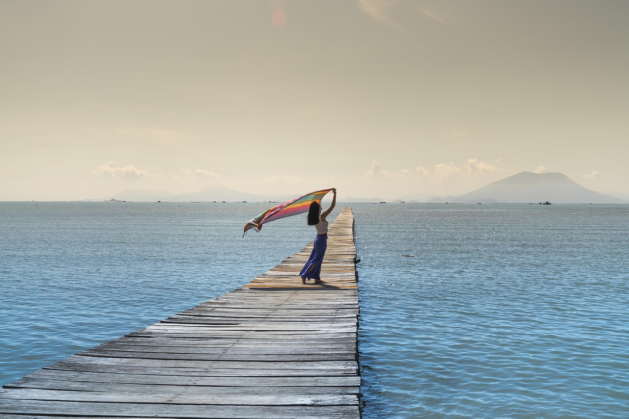 women, jetty, sea, shawl, pier, sky, nature, ocean, outdoors