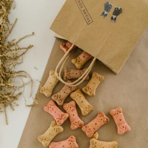 Colorful bone-shaped dog treats spill from a paper bag labeled 'thank you'.